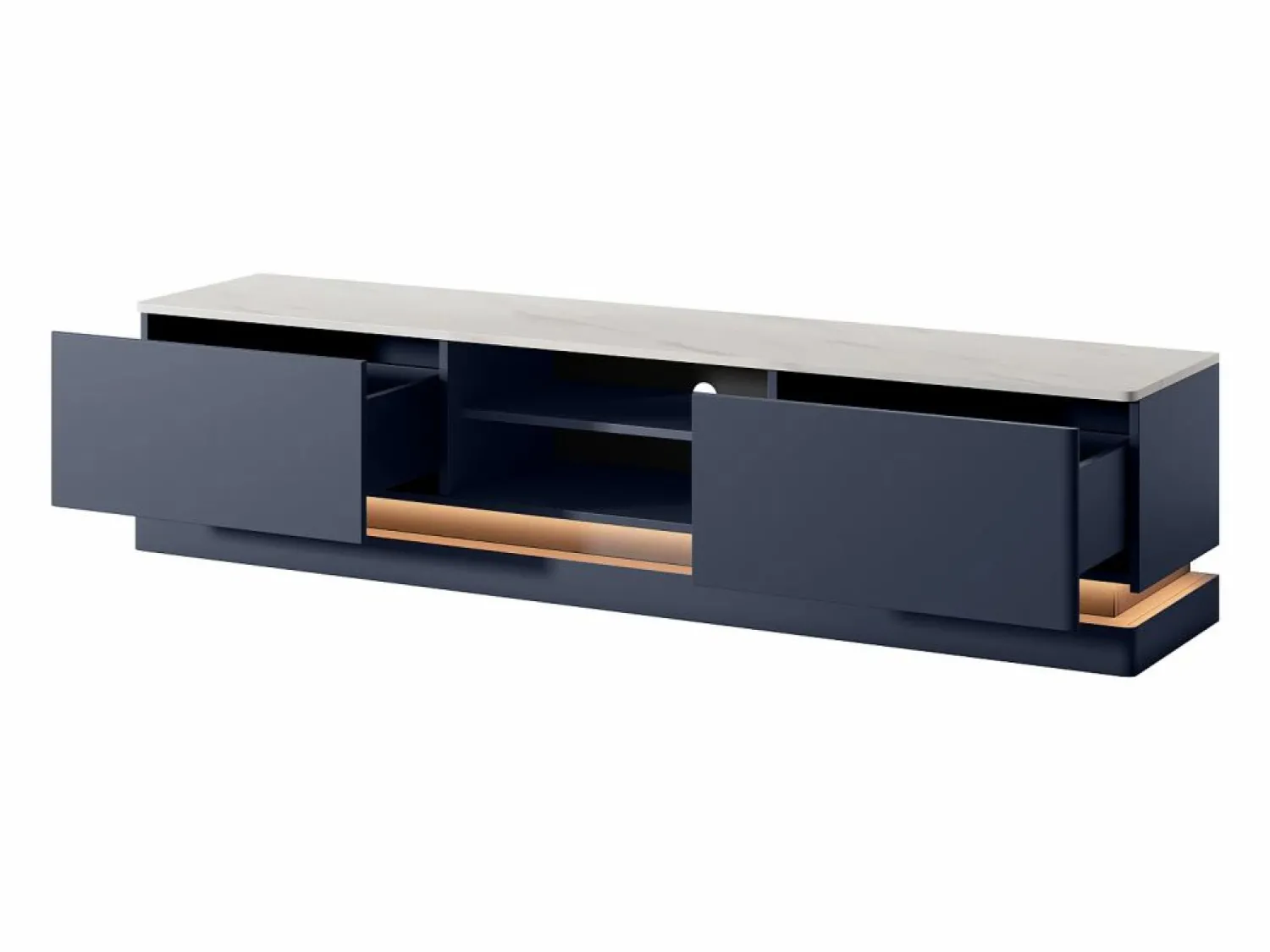 Vente-unique Mueble TV 2 cajones y 2 estantes con LEDs de MDF - Azul y efecto mármol blanco - DEVIKA