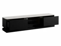 Vente-unique Mueble TV 2 cajones y 2 estantes con LEDs de MDF - Negro y efecto mármol blanco - DEVIKA