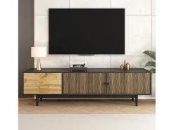 New ModernLuxe Mueble TV 180×38×50 cm - 2 puertas y 3 cajones - MDF + paneles de partículas - Negro + Natural Negro / Color natural claro