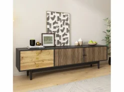New ModernLuxe Mueble TV 180×38×50 cm - 2 puertas y 3 cajones - MDF + paneles de partículas - Negro + Natural Negro / Color natural claro