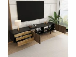 New ModernLuxe Mueble TV 180×38×50 cm - 2 puertas y 3 cajones - MDF + paneles de partículas - Negro + Natural Negro / Color natural claro