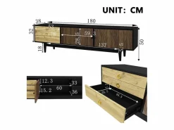 New ModernLuxe Mueble TV 180×38×50 cm - 2 puertas y 3 cajones - MDF + paneles de partículas - Negro + Natural Negro / Color natural claro