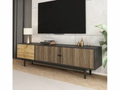 New ModernLuxe Mueble TV 180×38×50 cm - 2 puertas y 3 cajones - MDF + paneles de partículas - Negro + Natural Negro / Color natural claro