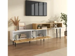 ModernLuxe Mueble TV 220×30×63,4 cm - diseño en dos módulos - aspecto madera - blanco + natural