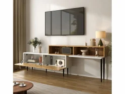 ModernLuxe Mueble TV 220×30×63,4 cm - diseño en dos módulos - aspecto madera - blanco + natural