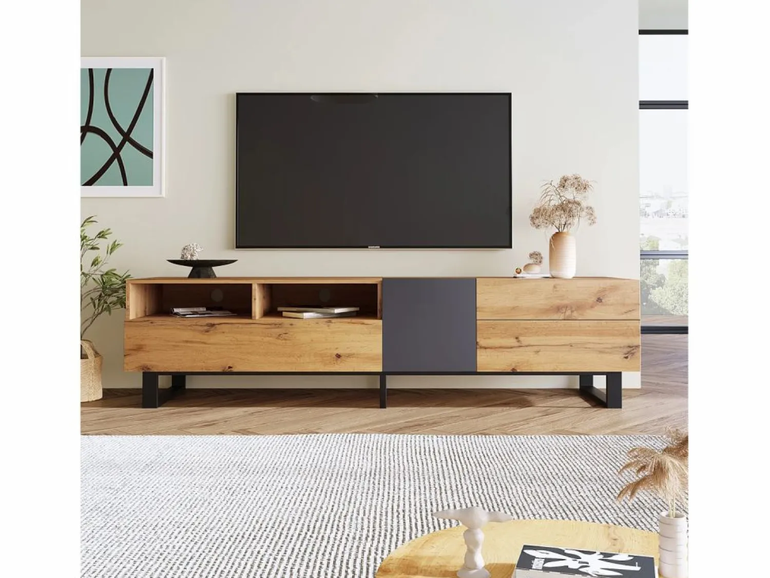 ModernLuxe Mueble TV 180cm - 2 cajones y 5 compartimentos - estilo industrial - Natural