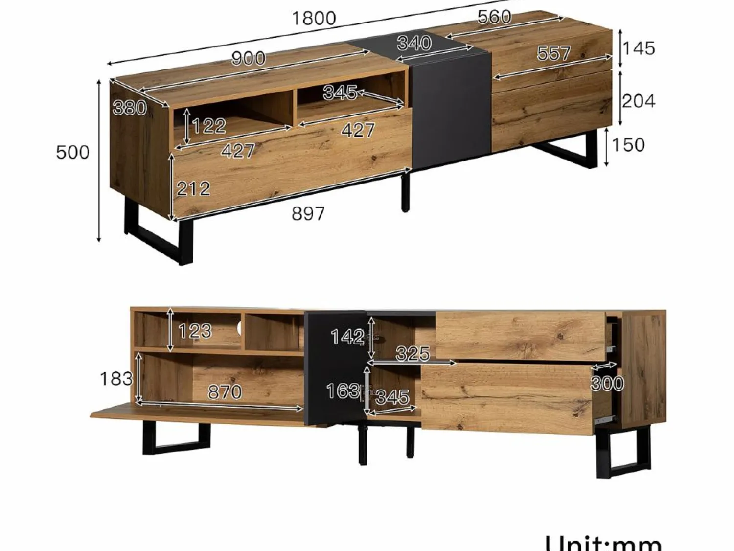 ModernLuxe Mueble TV 180cm - 2 cajones y 5 compartimentos - estilo industrial - Natural