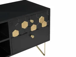 Clearance Vente-unique Mueble TV con 1 puerta, 2 cajones y 2 estantes de madera de mango - y Dorado - BELORI Negro