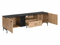 Sale Mueble TV con 2 puertas, 1 cajón y 1 estante - Natural y efecto mármol negro - LIOMENA Mueble Tv