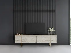 Clearance Mueble TV con 2 puertas - Efecto travertino y dorado - ZIRELDA Mueble Tv
