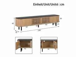 Hauss Spole Mueble TV con 4 puertas, 190 x 35 x 45 cm - Tapa negra - Color madera clara