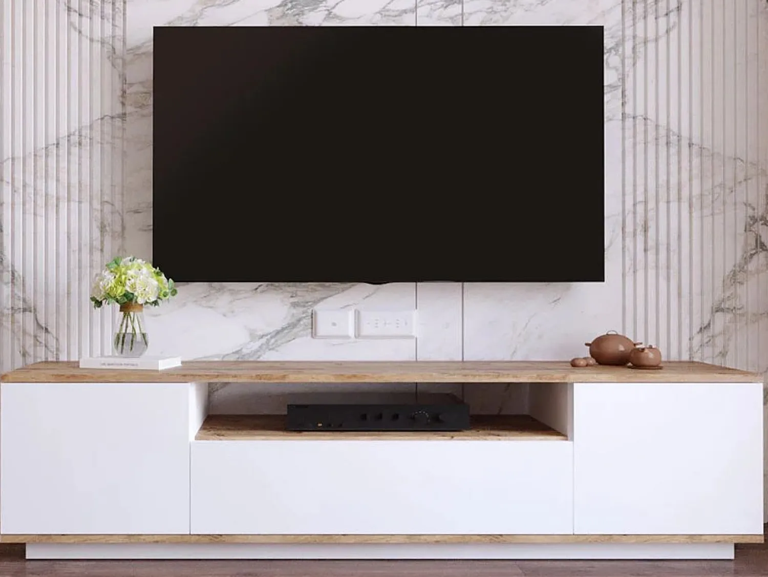 Discount Mueble TV con 3 puertas y 1 hueco - Blanco y natural - LOTULA Mueble Tv
