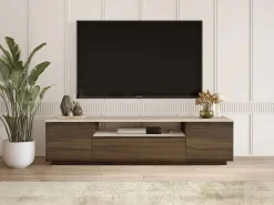 Hot Vente-unique Mueble TV con 3 puertas y 1 hueco - Marrón natural oscuro y efecto travertino beige - LOTULA Color natural oscuro / Beige