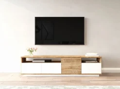 Discount Mueble TV con 4 puertas y 2 estantes - Natural claro y blanco - CEDONA Mueble Tv