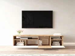 Discount Mueble TV con 4 puertas y 2 estantes - Natural claro y blanco - CEDONA Mueble Tv