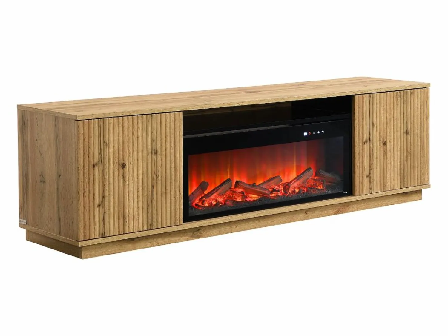 Vente-unique Mueble TV con 2 puertas y efecto chimenea LED en MDF - Natural y Negro - YEVINA