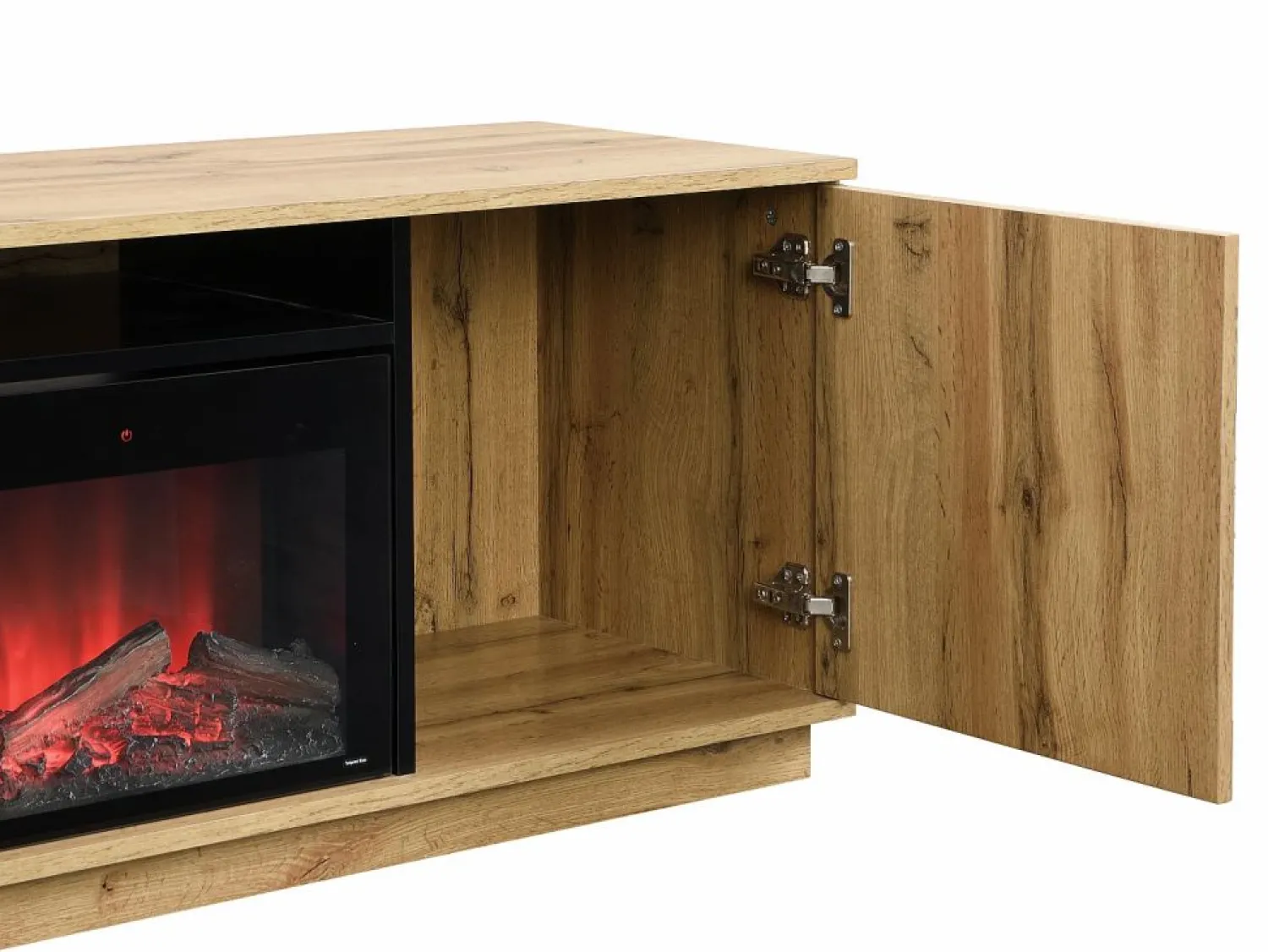Vente-unique Mueble TV con 2 puertas y efecto chimenea LED en MDF - Natural y Negro - YEVINA