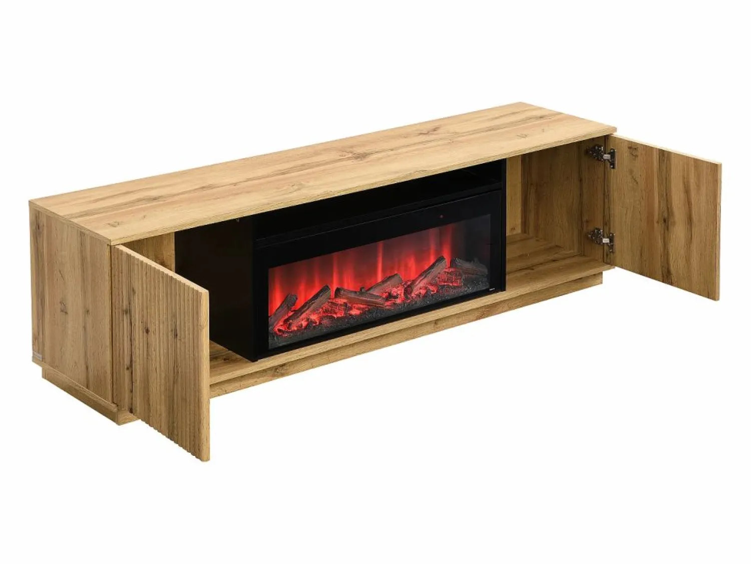 Vente-unique Mueble TV con 2 puertas y efecto chimenea LED en MDF - Natural y Negro - YEVINA