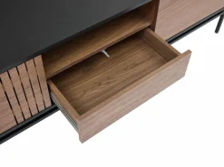 New Mueble TV con almacenamiento chapa de nogal y metal - Natural oscuro y Negro - ZINORI Mueble Tv