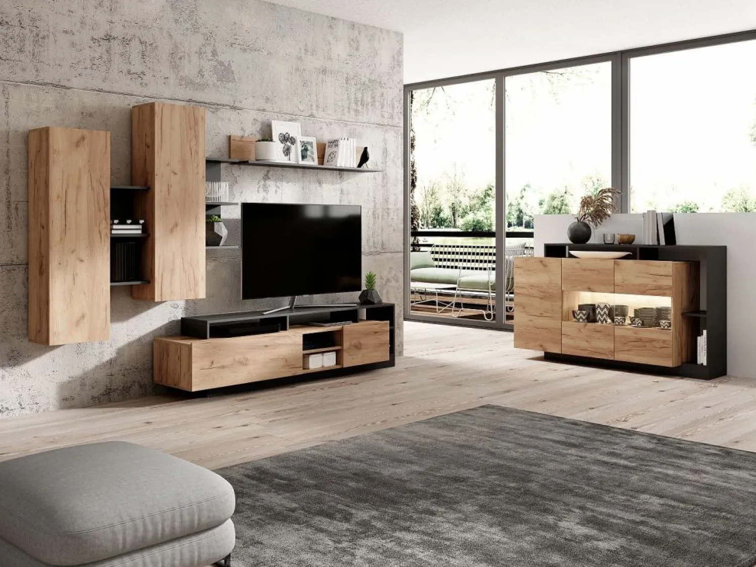 Vente-unique Mueble TV con compartimentos - Color natural y antracita - IDESIA