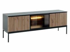 Outlet Vente-unique Mueble TV de 3 puertas con LEDs de MDF y vidrio ahumado - Natural claro y Negro - OVILA Negro / Color natural claro