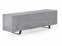 Clearance Mueble TV de 2 puertas y 2 cajones gris de madera de mango Marru00f3n