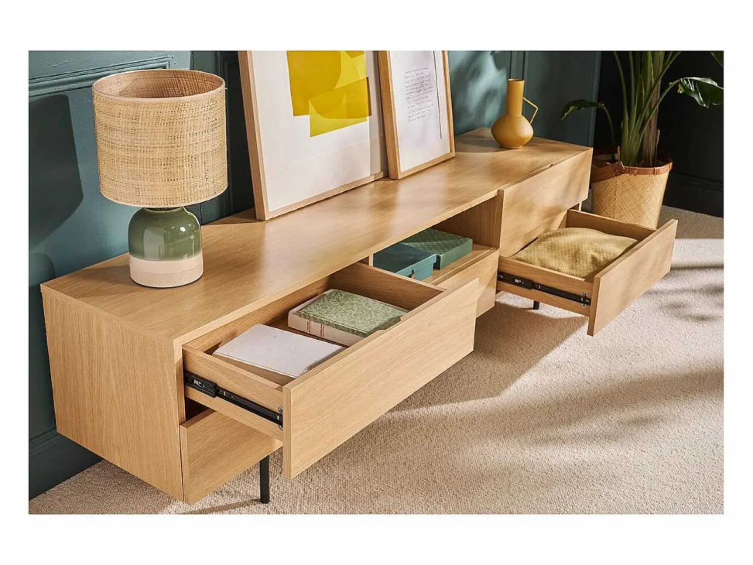 Outlet Mueble TV de diseño con armarios de madera de roble claro y metal negro 180 cm ALASKA Mueble Tv