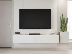Vente-unique Mueble TV de pared con 2 puertas - Blanco y natural - AUBEPINA