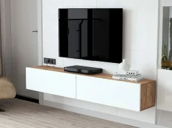 Vente-unique Mueble TV de pared con 2 puertas - Blanco y natural - AUBEPINA