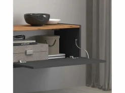 Hot Mueble TV Garda con 2 puertas y 1 estante central, color antracita mate y roble, 210 x 35 x 30 cm Gris antracita