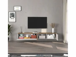 New Mueble TV suspendido Iseo con 2 puertas y 1 puerta abatible brillo y roble 200x35x30 cm Blanco