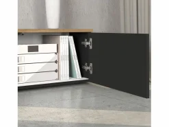 Outlet Mueble TV suspendido Iseo con 2 puertas y 1 puerta abatible, color antracita mate y roble, 200 x 35 x 30 cm Mueble Tv