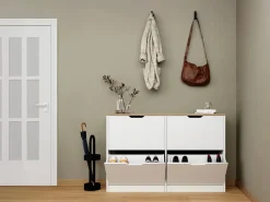 Vente-unique Mueble zapatero con 4 compartimentos abatibles - Blanco y natural - LOTULA