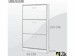 Mueble zapatero de madera de roble 63x24x115cm, 3 puertas plegables, doble fondo, para entrada, muebles bajos - ZIK