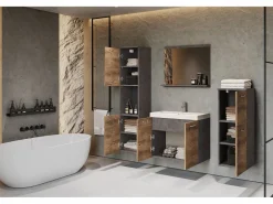 New Muebles de baño, conjunto colgante con lavabo, espejo y 2 columnas, cuerpo matera frentes castaño mate Conjunto De Baño