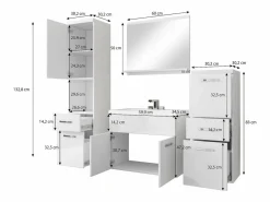 Clearance Muebles de baño modernos, conjunto suspendido con lavabo, espejo y columnas, cuerpo mate / frentes gris brillo Blanco