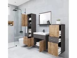 Muebles de baño modernos, conjunto suspendido con lavabo, espejo y columnas, matera / castaño mate Conjunto De Baño