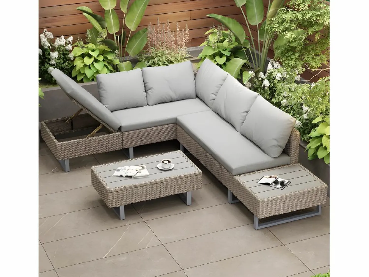 Muebles de jardín modulares de ratán PE - aptos para 4 o 5 personas - mesa de centro de tablones de plástico - Taupe Salones De Jardín