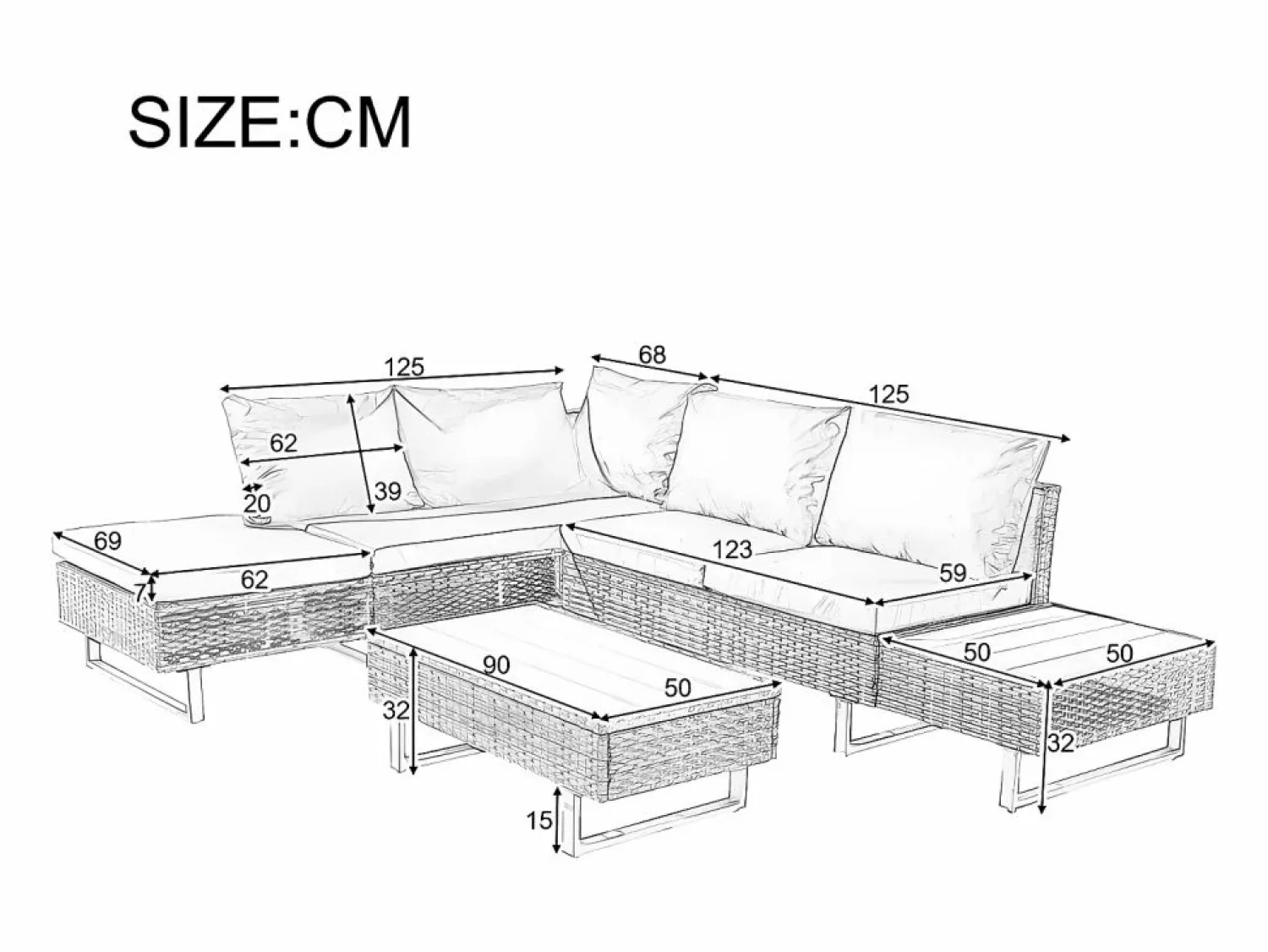 Muebles de jardín modulares de ratán PE - aptos para 4 o 5 personas - mesa de centro de tablones de plástico - Taupe Salones De Jardín