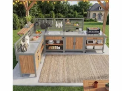 Muebles de jardín móviles - 403,8 x 134,4 x 148,5 cm - con fregadero + grifo + cajones + puertas - madera - natural Armario De Jardín