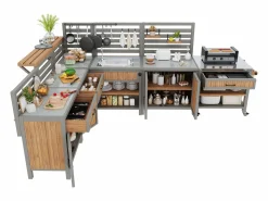 Muebles de jardín móviles - 403,8 x 134,4 x 148,5 cm - con fregadero + grifo + cajones + puertas - madera - natural Armario De Jardín
