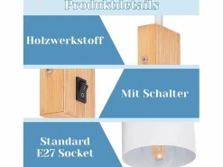 NETTLIFE Aplique de madera con interruptor - Foco de pared de 1 llama E27 Lámpara de pasillo blanca 330°, Sin bombilla