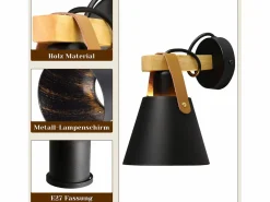 NETTLIFE Aplique Retro Vintage E27 en Iluminación de Pared Interior Industrial en Madera Cuero Plástico (Sin Bombilla)