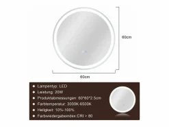 NETTLIFE Espejo de baño con luz LED - Redondo 60 cm LED, mural, interruptor táctil, antineblina, IP44, ajustable 3000K-6500K