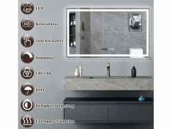 NETTLIFE Espejo de baño con luz LED - 100x60 cm LED, IP44, interruptor táctil, reloj antineblina, ajustable