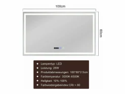 NETTLIFE Espejo de baño con luz LED - 100x60 cm LED, IP44, interruptor táctil, reloj antineblina, ajustable