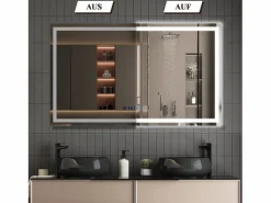 NETTLIFE Espejo de baño con luz LED - 100x60 cm LED, IP44, interruptor táctil, reloj antineblina, ajustable