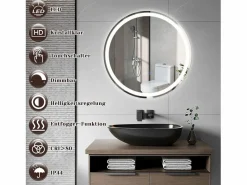 New Espejo de baño con luz LED - Redondo 50 cm LED, mural, interruptor táctil, antineblina, IP44, ajustable 3000K-6500K Accesorios De Cuarto De Baño|Espejo De Cuarto De Baño