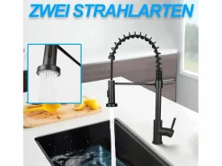 NETTLIFE Grifo de cocina con ducha extraíble Mezclador de cocina Grifo giratorio Mezclador de fregadero de alta presión con 2 tipos de chorros,