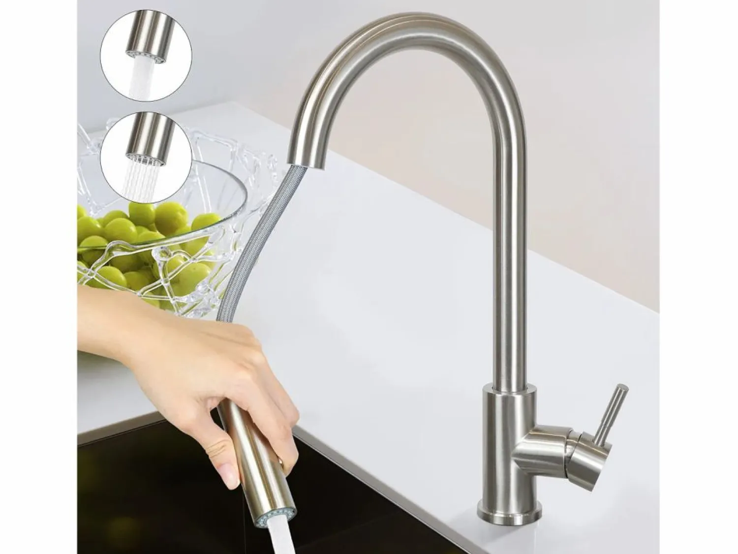 Hot NETTLIFE Grifo de cocina con ducha de mano extensible, alta presión, acero inoxidable de doble chorro y giratorio 360 °, níquel Plateado